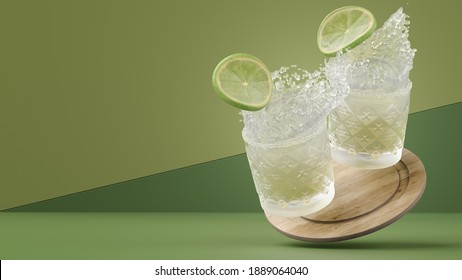 Two Margaritas Splash Right Frame During Happy Hour
3D Rendering