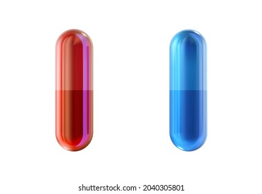 Two medical pills from the matrix, red and blue drug gel capsules isolated on white background. The right choice metaphor, important decision symbol concept, red pill and blue pill 3d illustration
