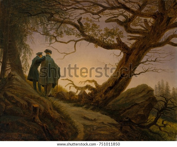 TWO MEN CONTEMPLATING THE MOON, by Caspar David\
Friedrich, 1825-30, German painting, oil on canvas. Figures are\
identified as Friedrich, at right, and his friend and disciple\
August Heinrich. The\
figu