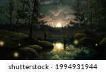 Two men cross the river at night, in which the full moon is reflected, around pines, spruces and stones, 2D illustration