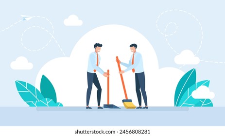 Two men janitor with broom and scoop sweeping and collecting garbage. Sweeping the floor with broom, holding dustpan, professional cleaning. Street cleaning service. Flat illustration - Powered by Shutterstock