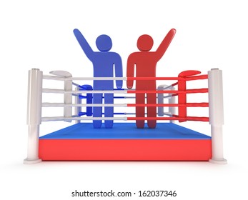 Two men on boxing ring. High resolution 3d render. Sport, competition, match, arena, praise concept.