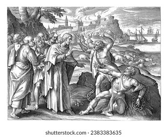 Two men, possessed by devils, beg Christ and his apostles for help. Christ casts the demons out of their bodies. The expelled devils possess swine that plunge into the sea.
