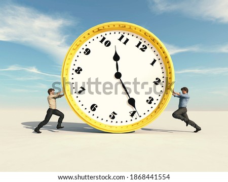 Two men pushin a clock against eachother . Struggling with deadlines . This is a 3d render illustration . 