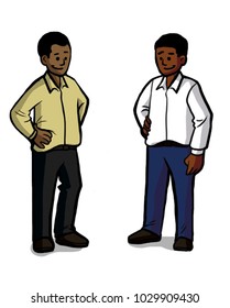 Two men standing while discussing work related issues.