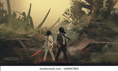 two men wearing gas mask holding sword standing against a vehicle graveyard in the dystopian world, digital art style, illustration painting