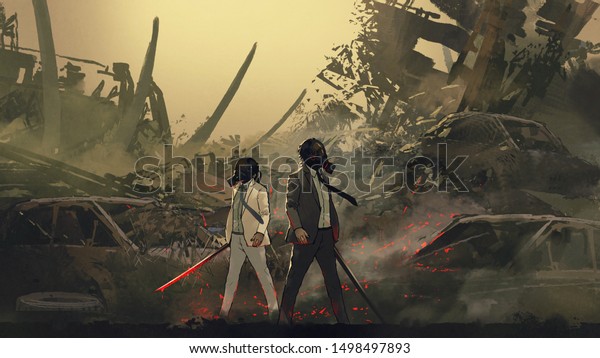 two men wearing gas mask holding sword standing\
against a vehicle graveyard in the dystopian world, digital art\
style, illustration\
painting