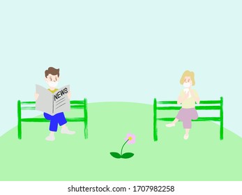 Two Men And Women Outdoors Are Wearing Hygiene Masks And Sitting On A Bench Far Away. It Is Social Distancing To Prevent COVID-19 Virus Infections.