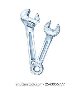 Two metal wrenches, including an adjustable one, crossed. Hand-painted watercolor illustration. Clipart for branding for toolkits, DIY projects, construction labels, or hardware store flyers - Powered by Shutterstock