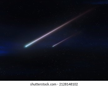 Two Meteorites Fly In The Night Sky. Bright Meteors Glow In The Atmosphere. Beautiful Shooting Stars 3d Illustration. 