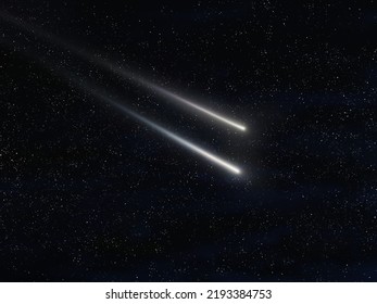 Two Meteors In The Night Sky With Stars. Fall Of Meteorites. Meteor Trails. Shooting Stars 3d Illustration.