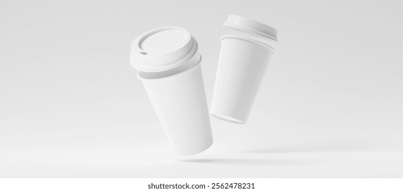 Two Minimalist White Blank Paper Coffee Cup with open lid floating above white background. Takeaway paper coffee cup fly, 3d render illustration. 3D Illustration