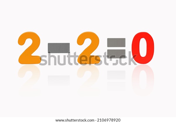 Two minus Two equals Zero 2-2=0 3D Illustration.\
Isolated on white background. Image of simple math addition\
operation for kids, Colorful wooden alphabets set sort. Plus,\
minus, multiply,\
divide.
