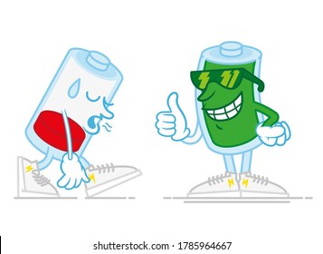 Two mobile batteries one is very sad tired with low energy second is smile happy charged full of energy in sunglasses show finger up Modern  style cartoon character illustration flat design icon