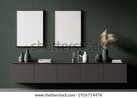 Two mock up posters frame on wall in modern interior background, living room. Books on cabinet. Scandinavian style. 3D rendering.