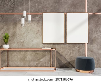 Two mockup canvases and pendant lights over frame sideboard unit with padded stool in elegant beige living room interior. Wall and floor tiles. Concept of modern minimalist design. 3d rendering