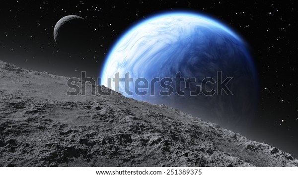 Two moons orbiting\
an Earth-like planet.\

