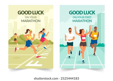 Two motivational marathon cards. The left card features women running on a track with a 'FINISH' line, while the right card shows a diverse group of runners on a city street.  - Powered by Shutterstock