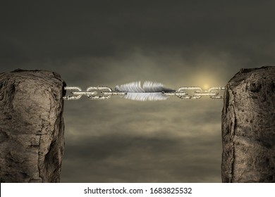 Two Mountains Connected With A Chain By Feather In Sunset Day. I Can Do It Or It Always Seems Impossible Until It's Done Or It Is Possible Or Find The Solution Concept. 3D Illustration