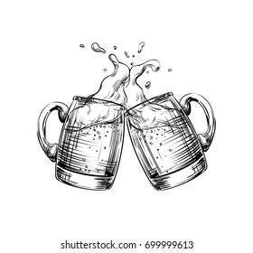 Two Mugs of Beer clink at a toast with a splash of beer foam. Hand drawn illustration for design menu restaurants, pubs, bars, posters for the Festival, Oktoberfest, brewery, banners, sketch - Powered by Shutterstock