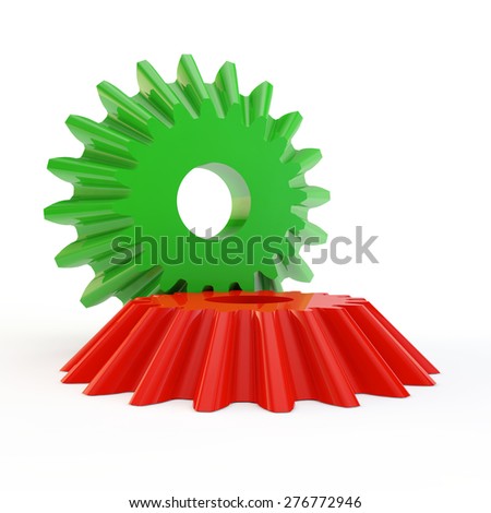 two multi-colored gears are linked together