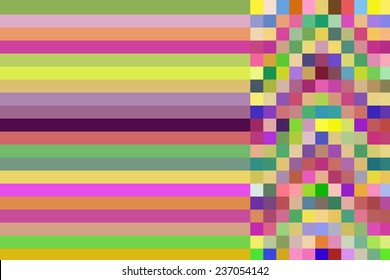 Two multicolored patterns in one abstract: Parallel bars at left flush with narrower mosaic at right for concepts of duality and coexistence