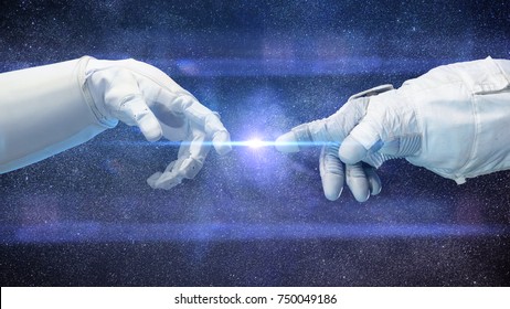 Two Near Touching Hands In Space Suits, Michelangelo Touch Pose (blue 3d Space Illustration, Elements Of This Image Are Furnished By NASA)