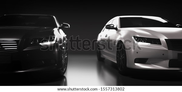 Two new cars,\
black and white, sedan type in modern style. Compare, make a choice\
concept. 3D\
illustration