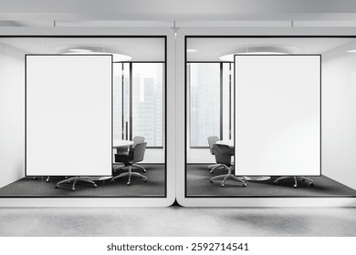 Two office meeting rooms with blank posters on glass walls, modern style, cityscape background. Concept of business presentation. 3D Rendering