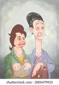 two old ladies with a bag. Digital illustration