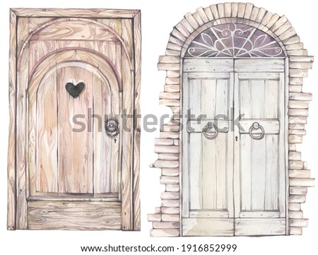 Two old style wood doors. Hand drawn watercolor illustration. 
