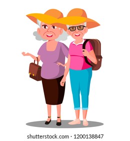 Two Old Women Friends In Hats Enjoing Vacation. Illustration - Powered by Shutterstock