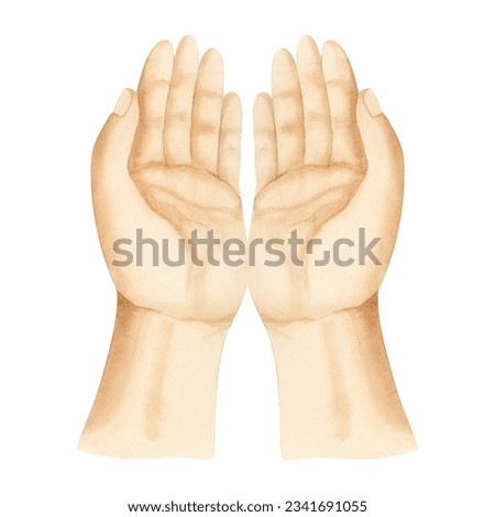 Two open palms hands gesture watercolor illustration isolated on white background. Poverty, outstretched or raised in asking prayer hands