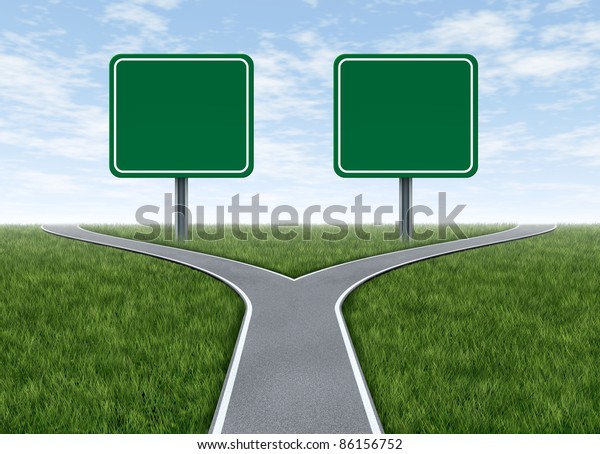 Two options\
with blank road signs facing a challenging decision symbol\
represented by a forked road for turning in the direction that is\
chosen after facing the difficult\
dilemma.