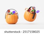 Two orange pumpkin buckets filled with assorted colorful candies, isolated on a clean white background. Concept of Halloween treats. 3D Rendering