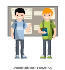 Two Other Student Talking In School Hallway Near The Billboards. Education In High School And College. Break Between Lessons. Cartoon Flat Illustration. Man With A Backpack And Books