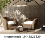 Two outdoor rattan couch armchair with cushion, wooden coffee table, rug with umbrella in courtyard in sunlight, tree leaf shadow on wood plank fence wall in background 3D