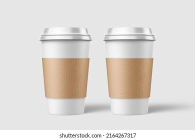 Two Paper Coffee Cup With Sleeve Mockup Template, Isolated On Light Grey Background. High Resolution 3D Illustration.