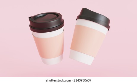 Two Paper Coffee Cups,  Mockup Template. 3D Illustration Floating Over The Background