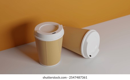 two paper coffee cups with a white lid on orange background. take a way coffee cup for mock up. 