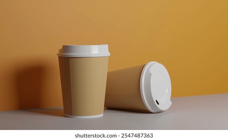 two paper coffee cups with a white lid on orange background. take a way coffee cup for mock up. 