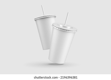 Two Paper Soda Cup With Straw Mockup Template, Isolated On Light Grey Background. High Resolution 3D Illustration.