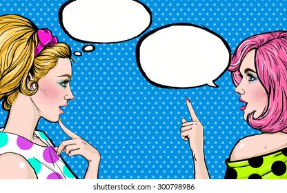 Two party girls talking about you. Pop art women gossip with speech bubbles. Advertising poster or disco flayer design of female conversation.