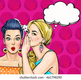 Two party girls talking about you. Pop art women gossip with thought bubble. Advertising poster or disco flayer design of female conversation.