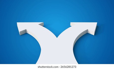 Two paths of arrows with copyspace isolated on blue background. Choice the way concept. Two arrows pointing in different directions.