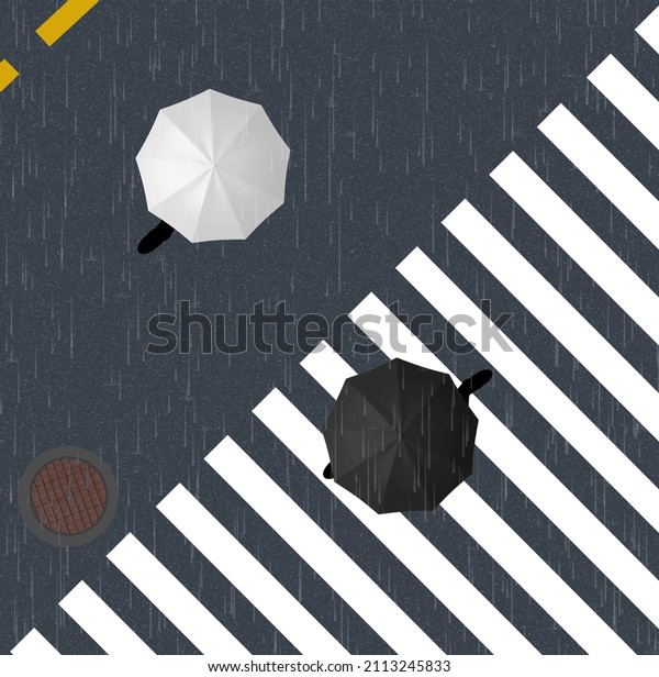 Two pedestrians, one with a white umbrella\
and one with a black umbrella are seen from above at a crosswalk in\
this 3-d\
illustration.