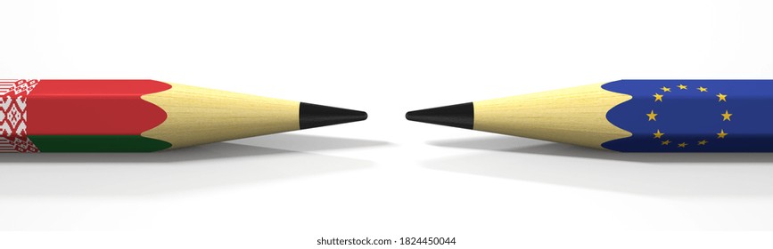 Two Pencils With Flags Of Belarus And Eu, Political Conflict Related  3D Rendering