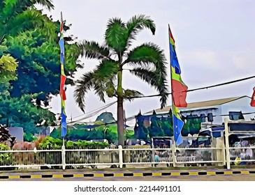 Two Pennants, Colorful Long Vertical Flags, Flanking Tall Palm Trees, In The Office Yard, Banners For Celebration,