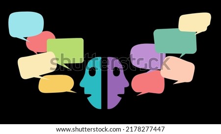 Two people faces talking between with lots of speech bubbles - stock illustration