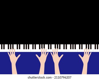 Two People And Four Hands Playing Duet With The Piano Keyboard